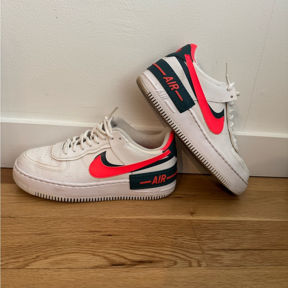 Nike Air White and Bright pink/orange and dark green platform sneakers